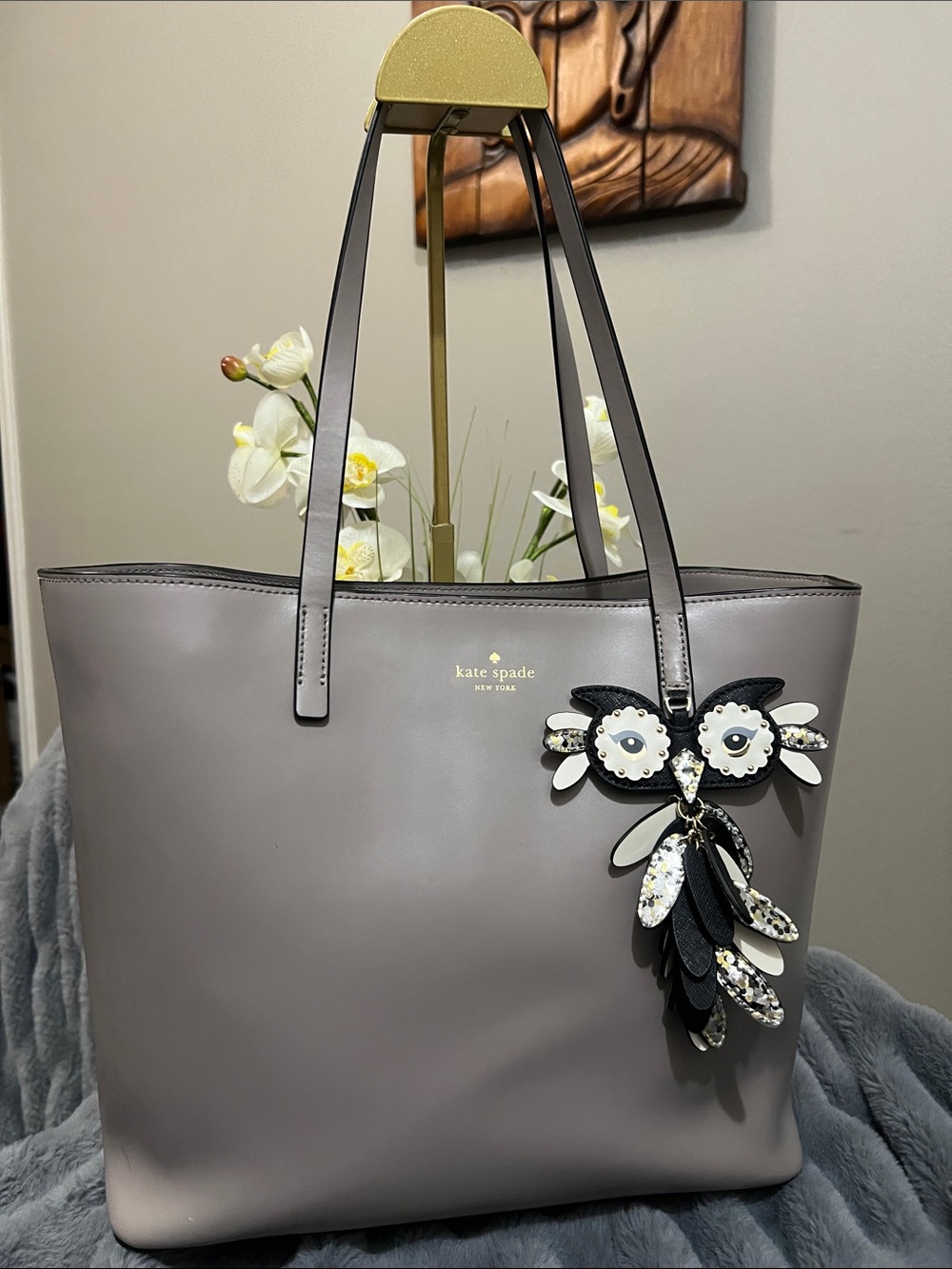 Kate Spade Owl Star Bright Little Len Gray Leather Tote EUC retail $398